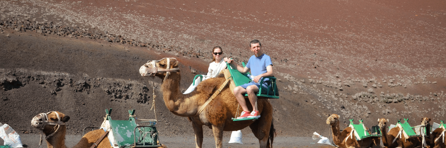 Turistas montando camellos en el Parque Nacional de Timanfaya, con paisaje volcánico rojizo de fondo